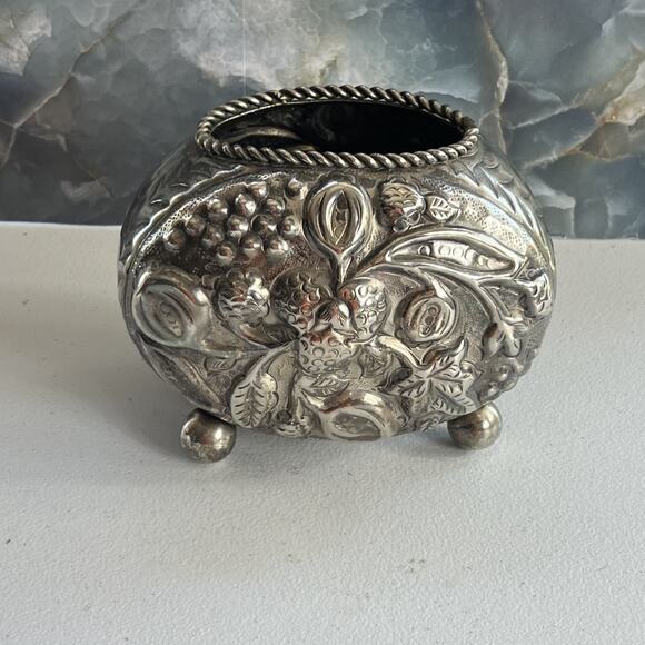 Open Salt Cellar Dish Repousse Floral Design 5.5"x6" - Picture 2 of 15